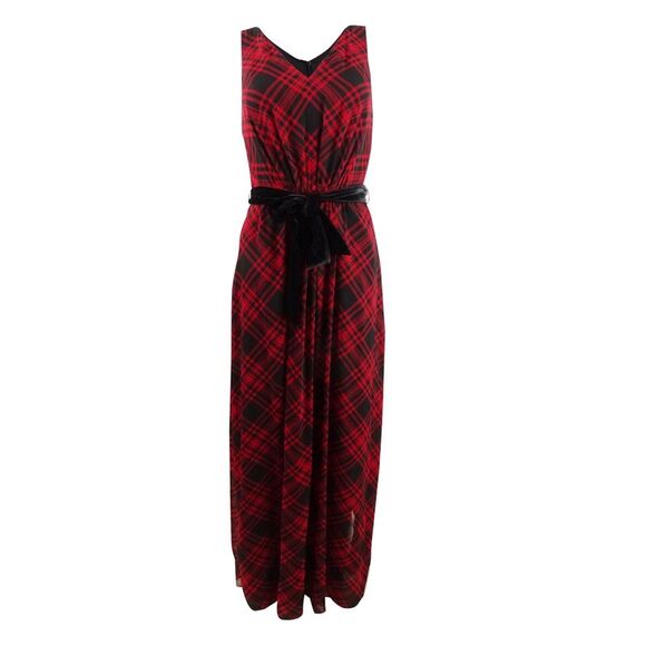 Lauren Ralph Lauren Women's Tartan Plaid Georgette Gown - Black/Red - Picture 1 of 2